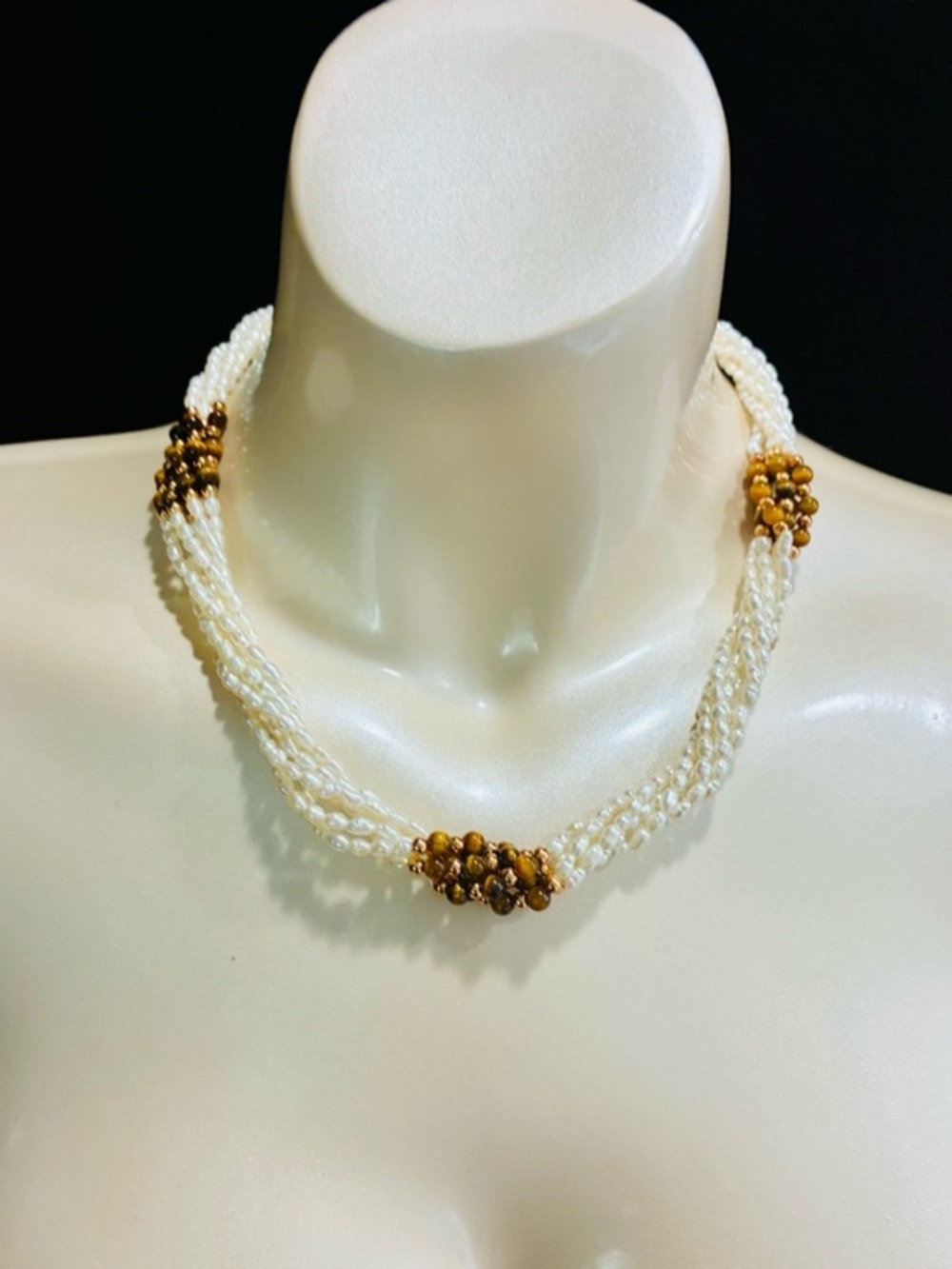 Elegant Ivory Seed Pearl Multi-Strand Beaded Necklace Tigers Eye GLD Accents EUC